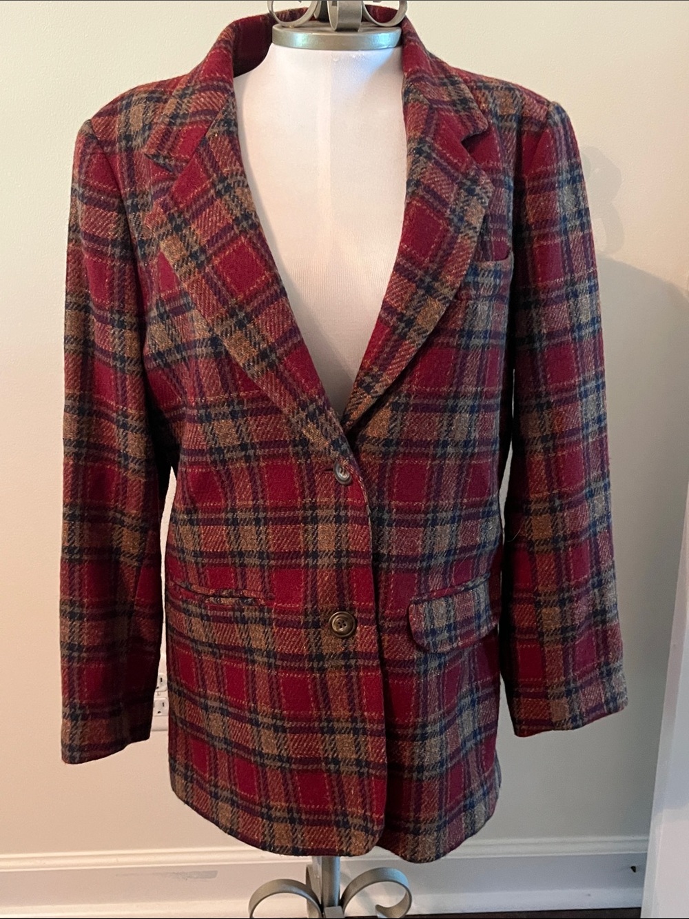 Vintage Eddie Bauer Women’s Small Red Plaid Wool Blazer Lined Pockets Preppy